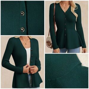 Grace Karin Peplum Hem Cardigan V-Neck Button-up Dark Green Blazer Sweater S